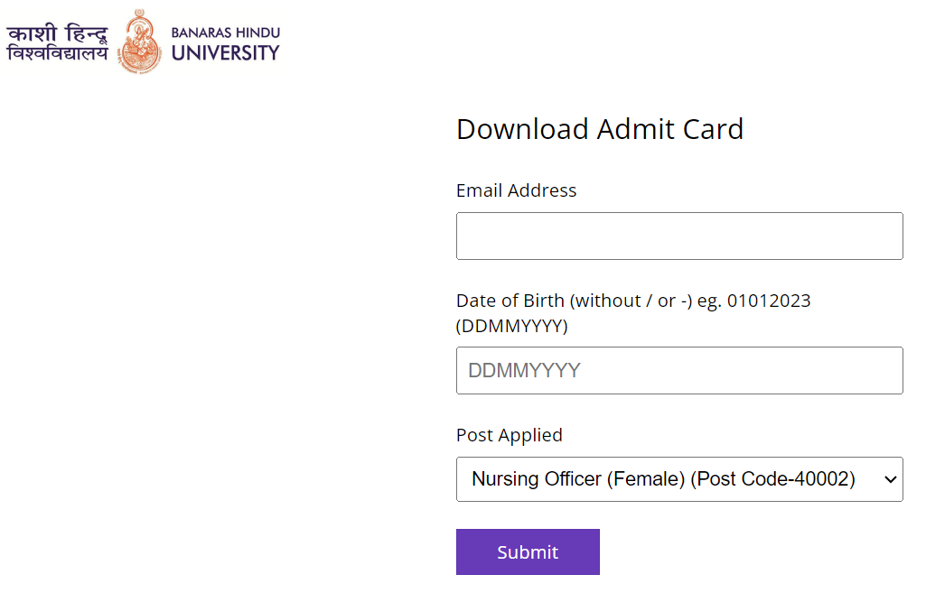 BHU nursing officer admit card